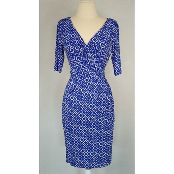 Ralph Lauren Blue Geometric Print Ruched Jersey Dress Size 14 Sheath Stretch - Picture 1 of 9